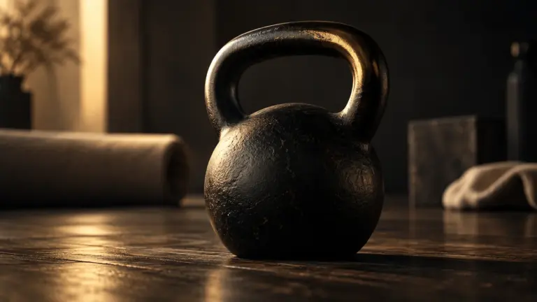Schwarze Kettlebell auf einem dunklen Holzboden mit goldenem Lichtreflex am Griff.