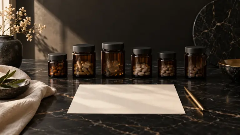 Reihe unbeschrifteter Braunglasdosen auf einer dunklen Marmorplatte, davor ein leeres Blatt Papier.