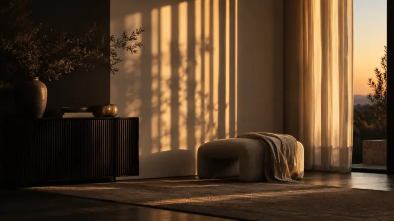 Warme Lichtstreifen fallen durch einen Vorhang an eine cremefarbene Wand in einem leeren Raum.